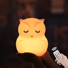 Load image into Gallery viewer, Owl LED Night Light Remote Control Touch Sensor 9 Colors Dimmable Timer USB Cartoon Silicone Bedside Lamp